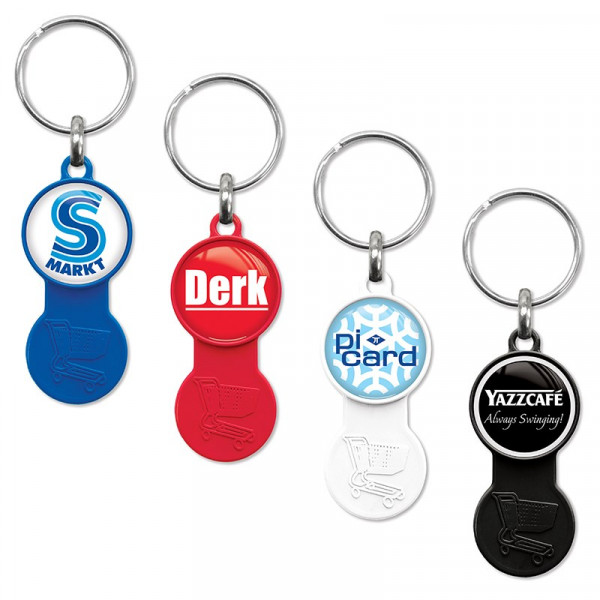 Plastic sleutelhanger met winkelwagenmunt en doming