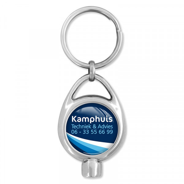 Ronde metalen sleutelhanger met ontluchtingsfunctie, winkelwagenmunt en dominglabel